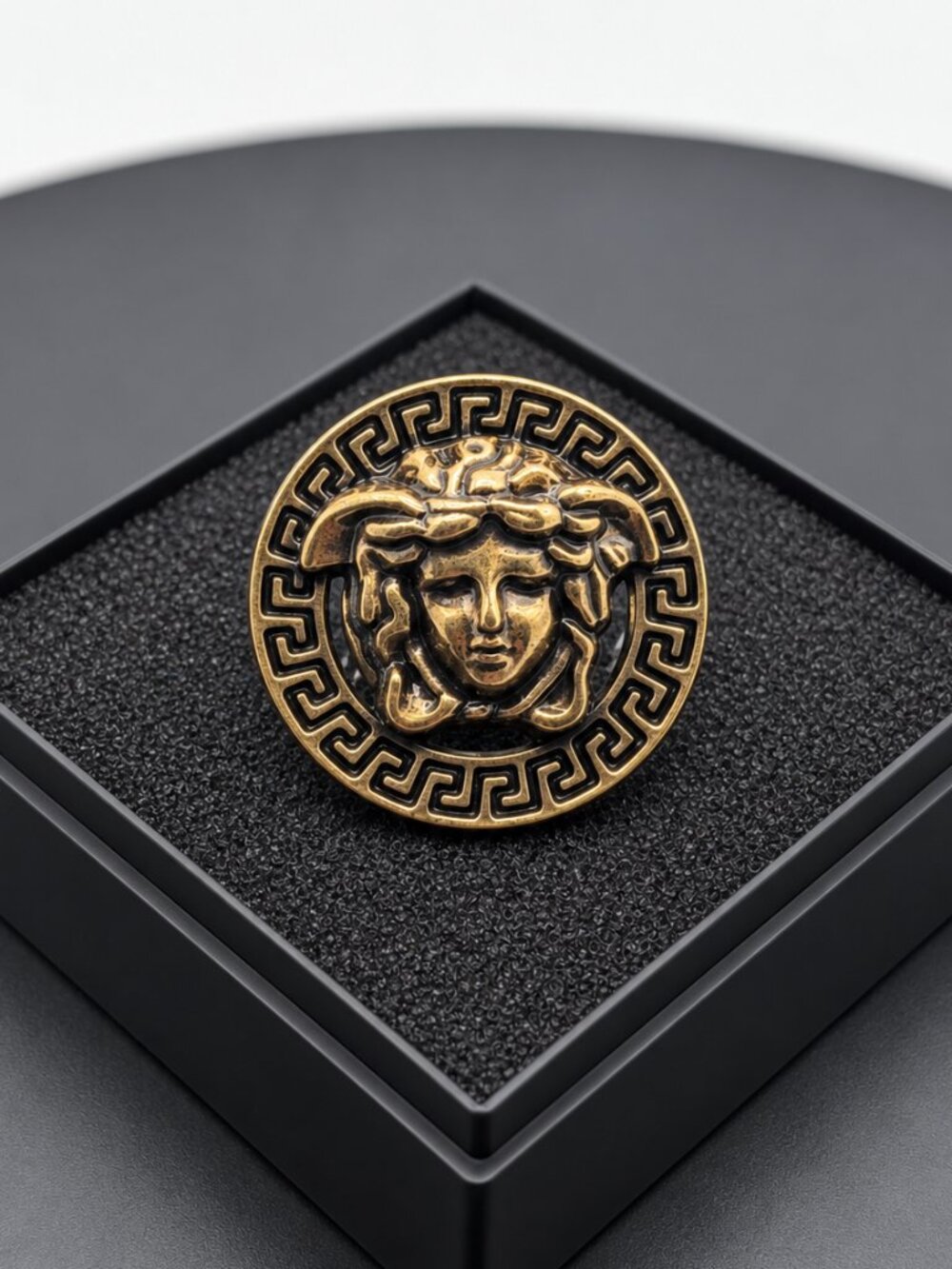 Versace Medusa Style Round Pin Lion Head antique Gold Brooch